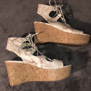 Marc Fisher Snakeskin patterned cork lace up wedges